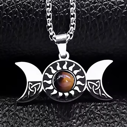 Viking Trinity Knot Waxing-full-waning moons. Center Tiger Eye Gemstone