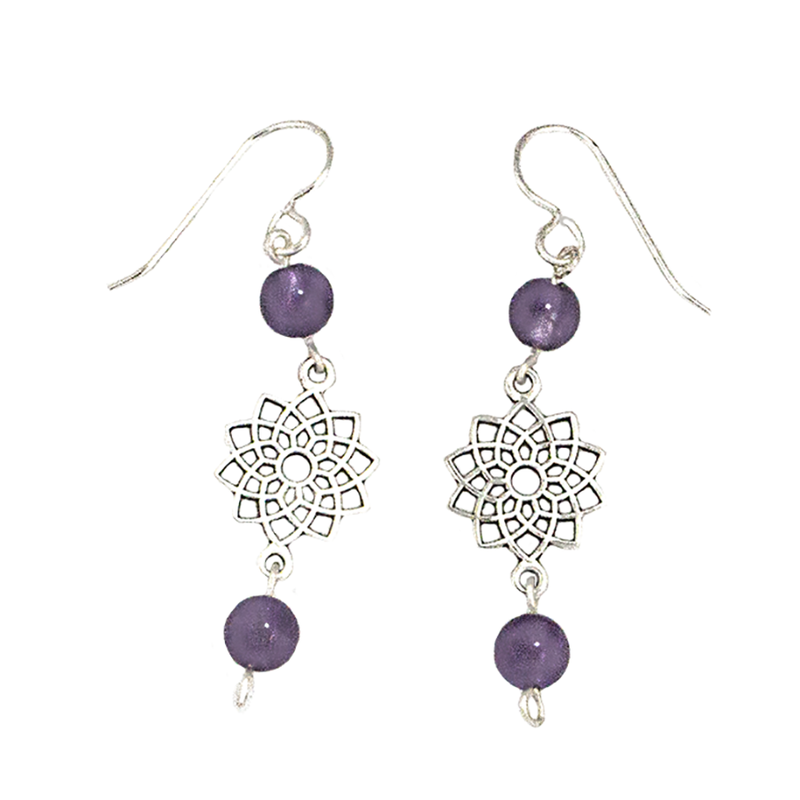 Amethyst Crown Chakra Earrings with Sahasvara Symbol in Antigue Silver