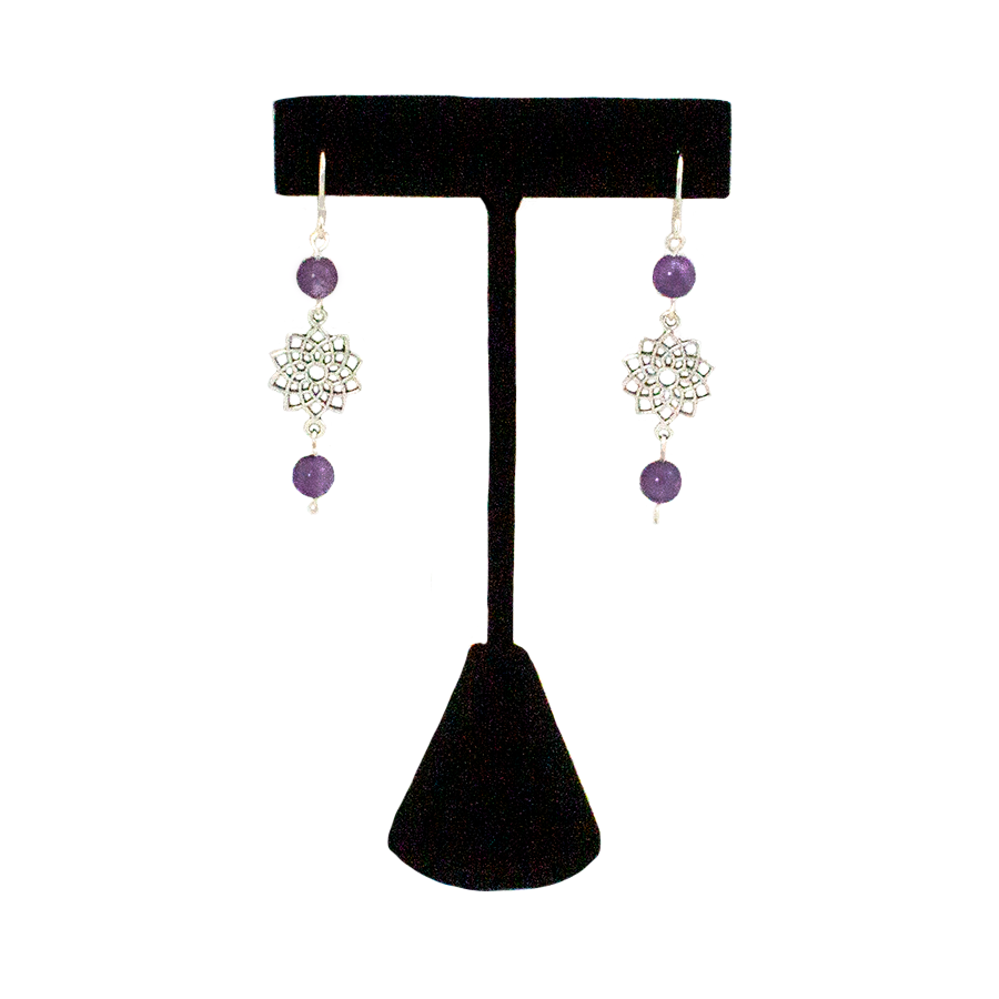 Amethyst Crown Chakra Earrings with Sahasvara Symbol in Antigue Silver