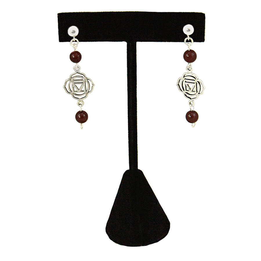 Garnet Root Chakra (Muladhara Symbol) Earrings in Antique Silver