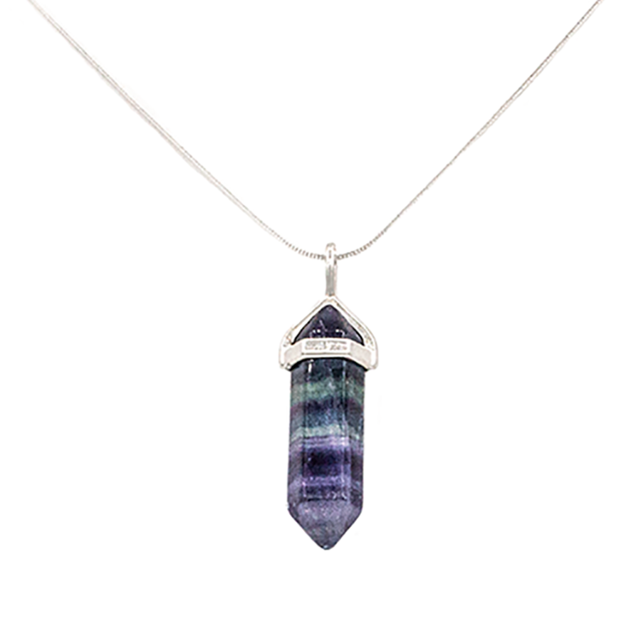 Fluorite Rainbow Hexagon Point Necklace on 22" Sterling Silvver Chain or Black cord