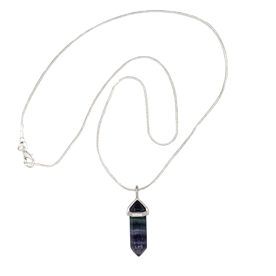 Fluorite Rainbow Hexagon Point Necklace on 22" Sterling Silvver Chain or Black cord