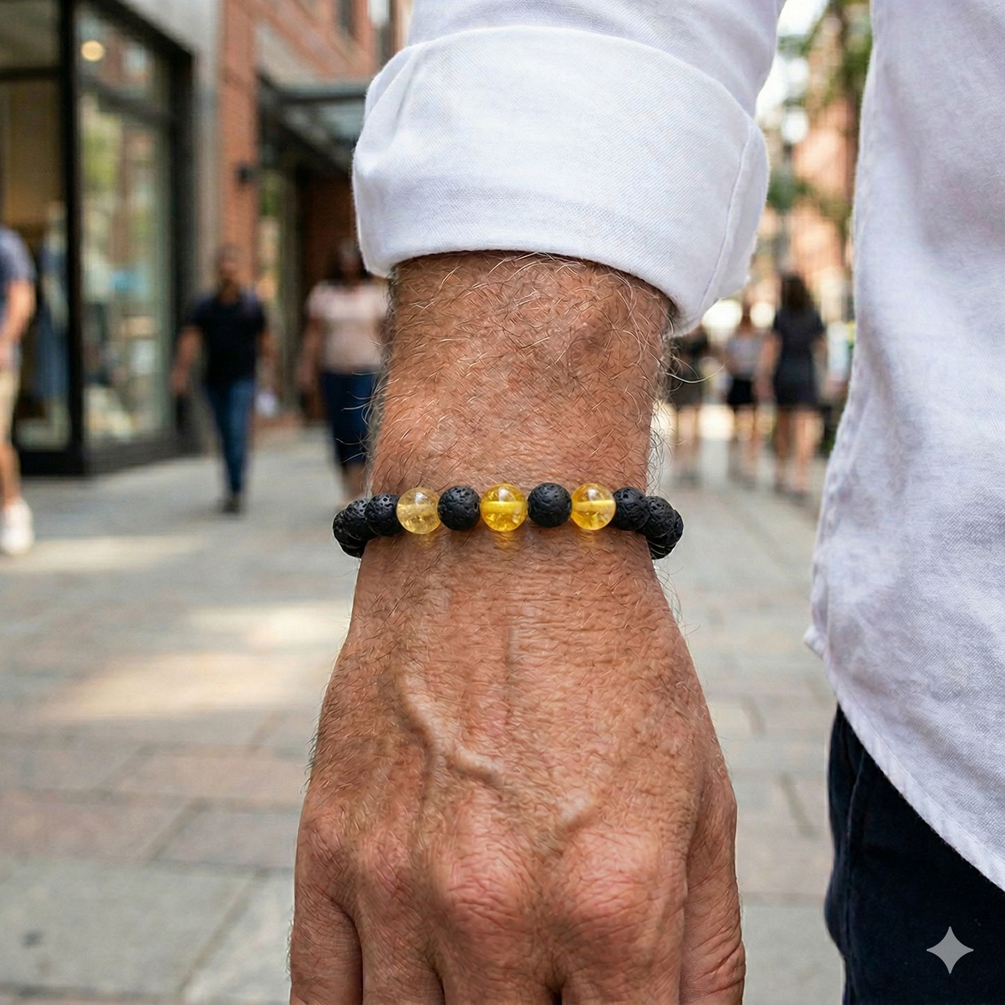 Citrine Embossed with a Fire Horse and Black Lava Stretch Infusion Bracelet