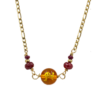 Citrine Embosed with a "Fire Horse" and Rubies Necklace on an Adjustable PVD Gold Chain