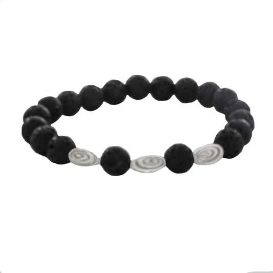 Lava Bead, Tibetan Silver Spiral Beads Stretch Infusion Bracelet-Good Feng Shui- for all genders