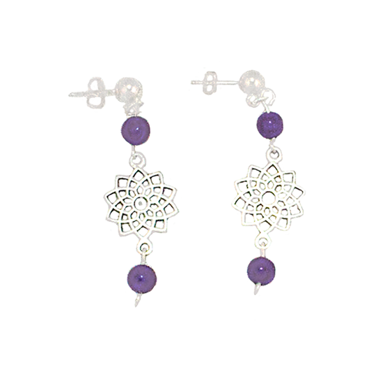 Amethyst Crown Chakra Earrings with Sahasvara Symbol in Antigue Silver