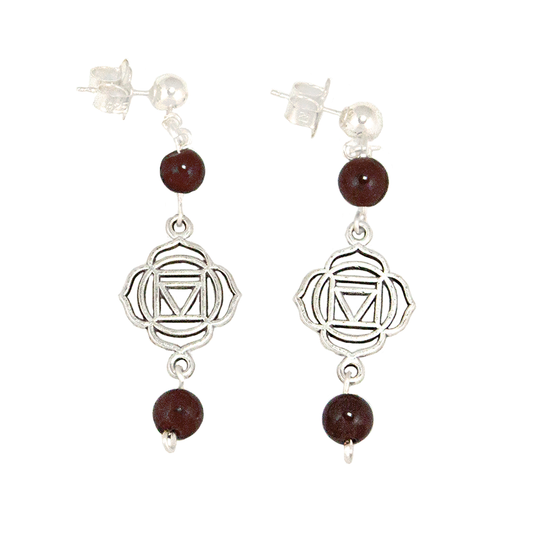 Garnet Root Chakra (Muladhara Symbol) Earrings in Antique Silver