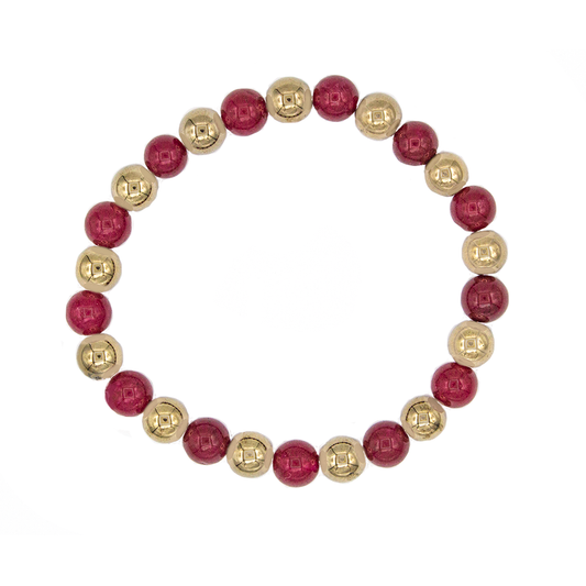 Ruby Red Jade and Pyrite Beaded Stretch Bracelet